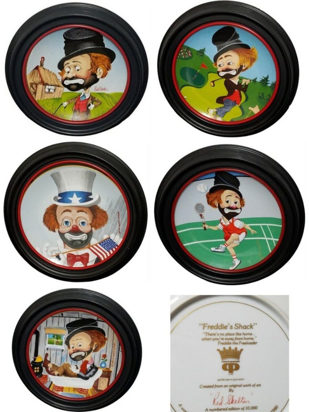 Lot 5 Red Skelton Freddie the Freeloader Collector Plates Framed Crown Parian